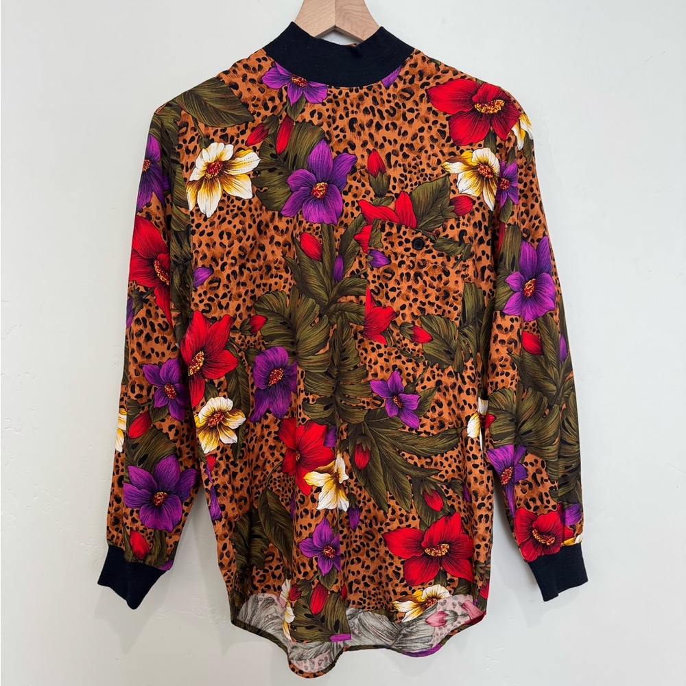 Vintage 90s Leopard Floral Blouse Mock Neck‎ Top Size 6 Statement Print Maximal